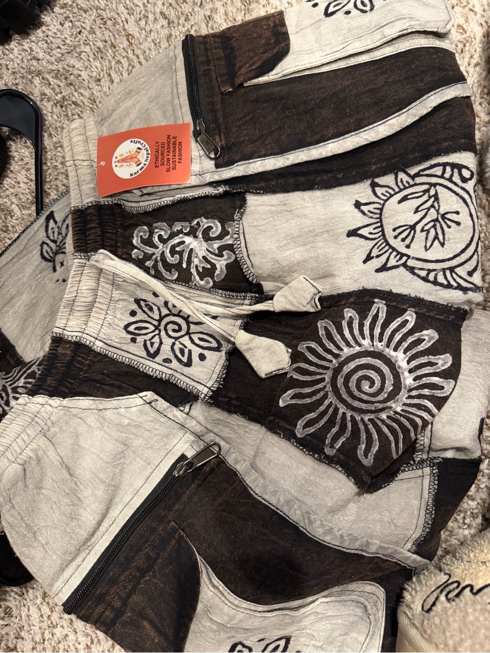 Boho Patchwork Sun Print Pants in Black & Cream- Oversized Fit, Large pockets
